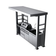 Castelle Flame Imperial 110-Inch 4-Burner 72K BTU Deluxe Stainless Steel Outdoor Kitchen Grill Island With Wine Cooler, Rotisserie, Cabinets, And Granite Countertops (SAK94721)