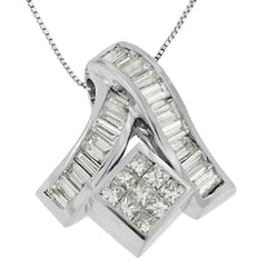 14K White Gold 1 7/8 cttw Princess and Baguette Cut Mixed Geometry Diamond Pendant Necklace (G-H, SI1-SI2)
