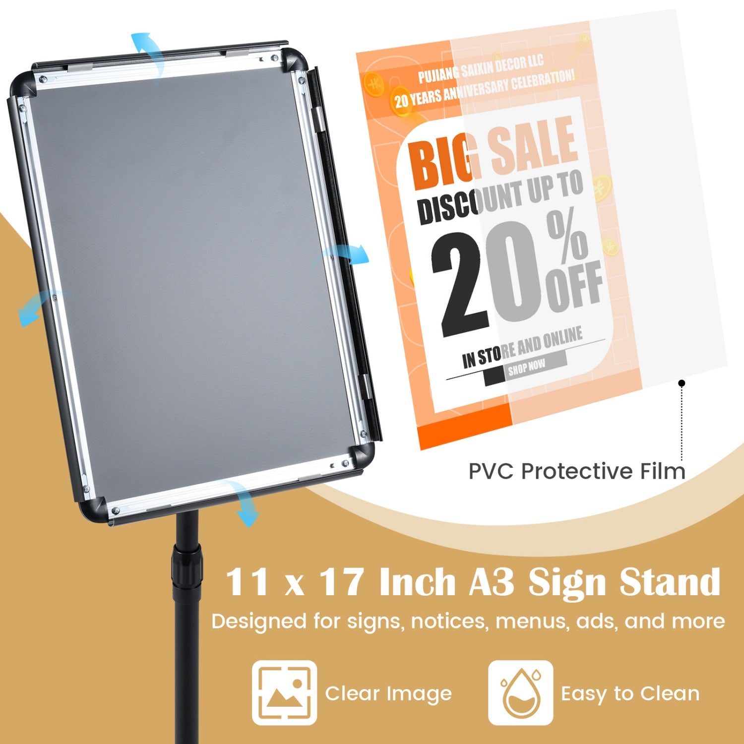 11x17 Adjustable Height Sign Holder Stand with Snap Frame