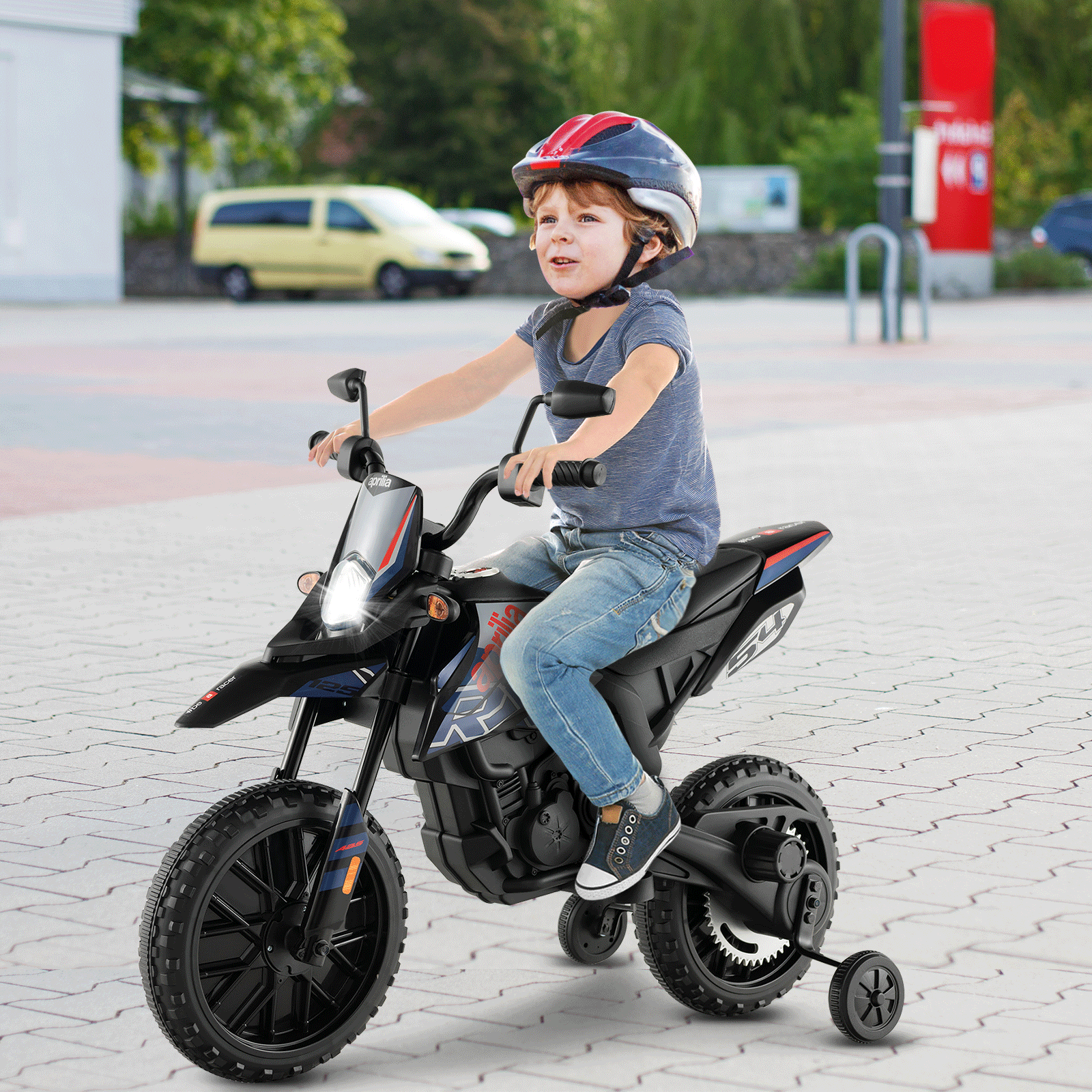 Aprilia Licensed Kids Ride On Motorcycle with 2 Training Wheels-Navy