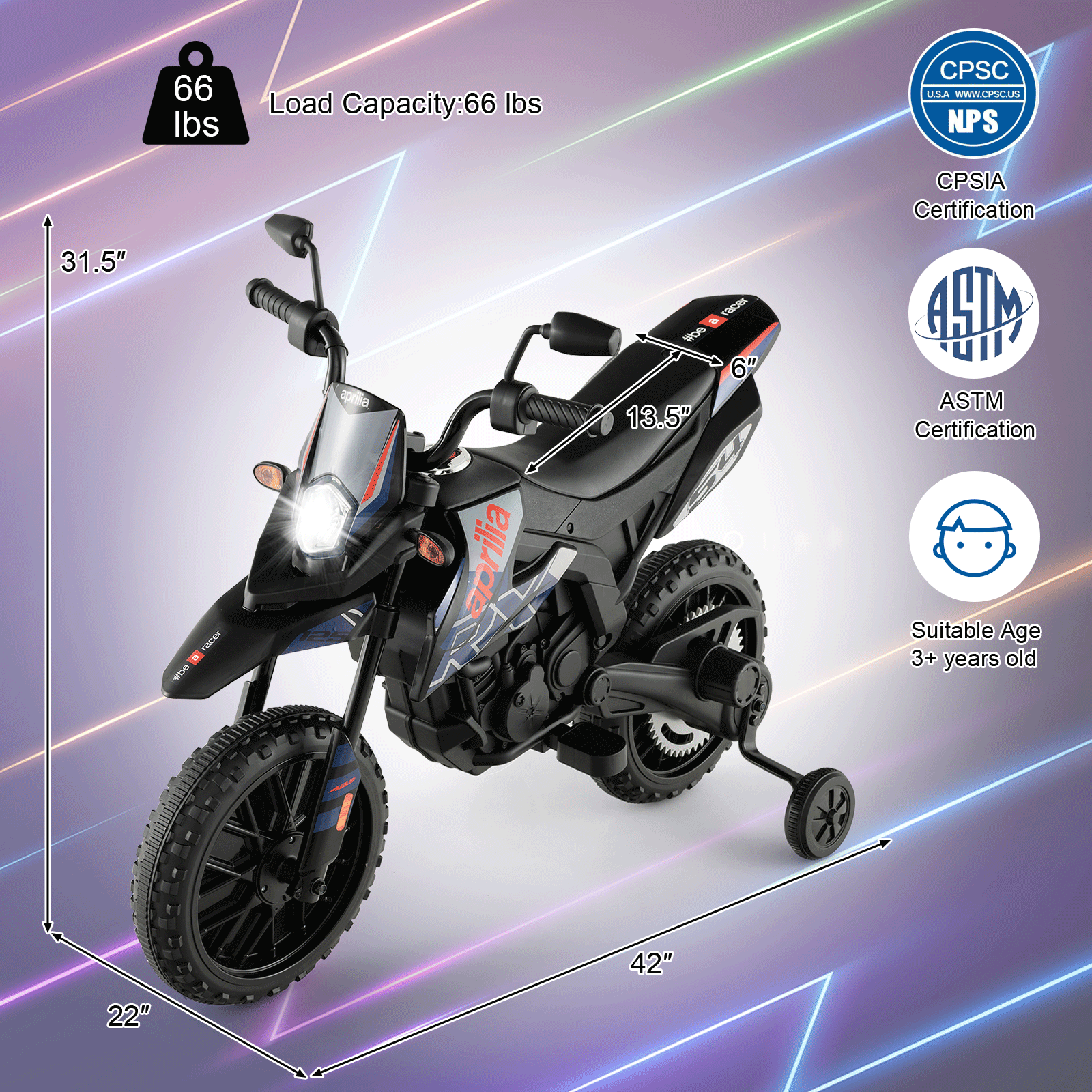 Aprilia Licensed Kids Ride On Motorcycle with 2 Training Wheels-Navy