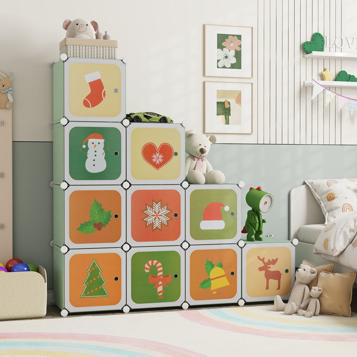 12 Cube Kids Wardrobe Closet with Hanging Section and Doors-Green