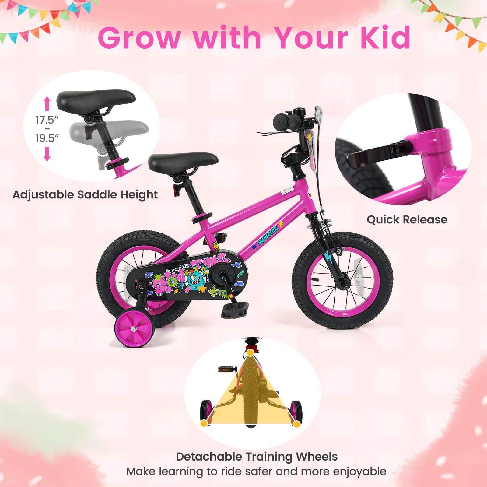 Kids Bike with Training Wheels 12-18 Inch Pink