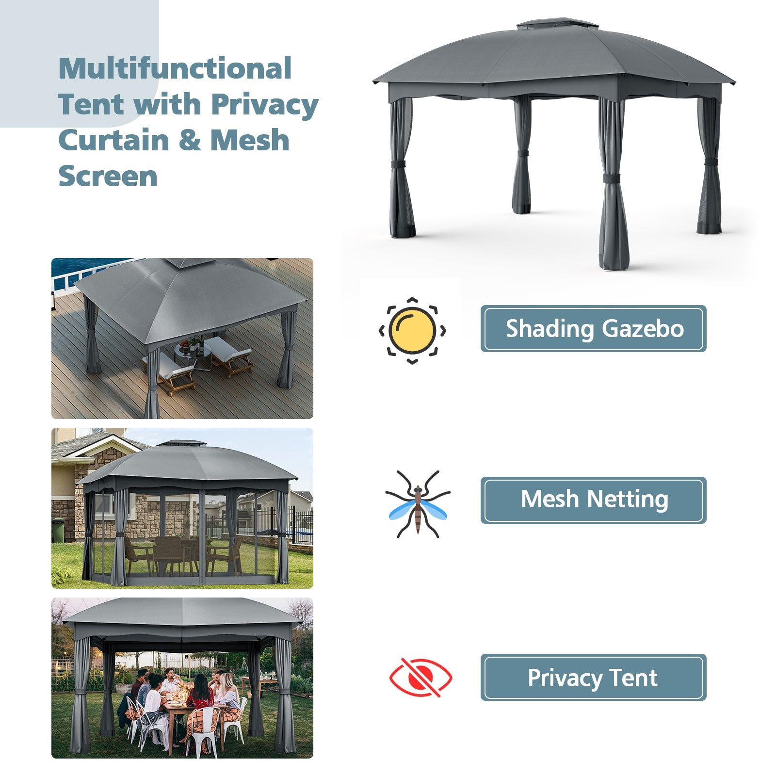 12 x 10 Feet Canopy Double Vented Heavy Duty Steel Gazebo-Gray