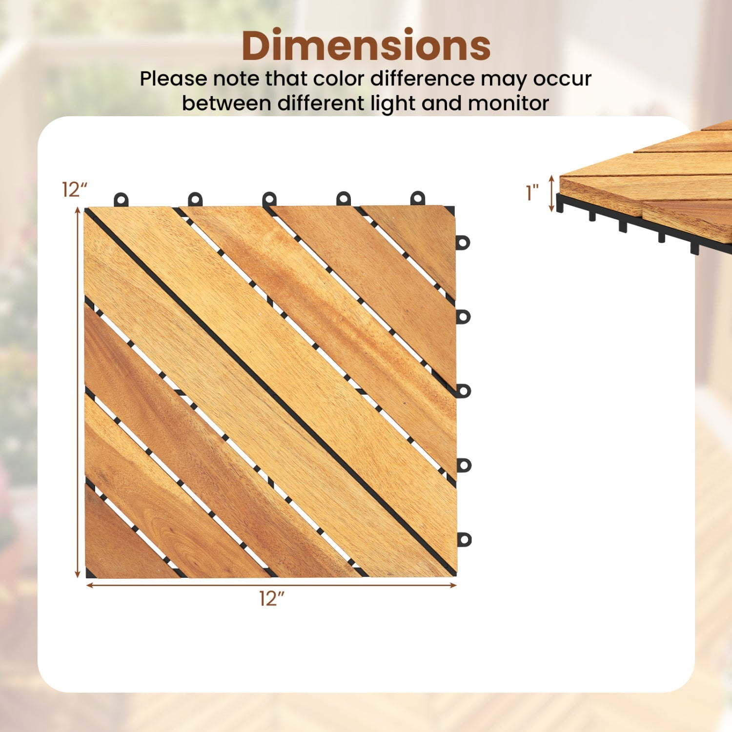 Acacia Wood Interlocking Deck Tiles 12x12 Inch - 24 Pack