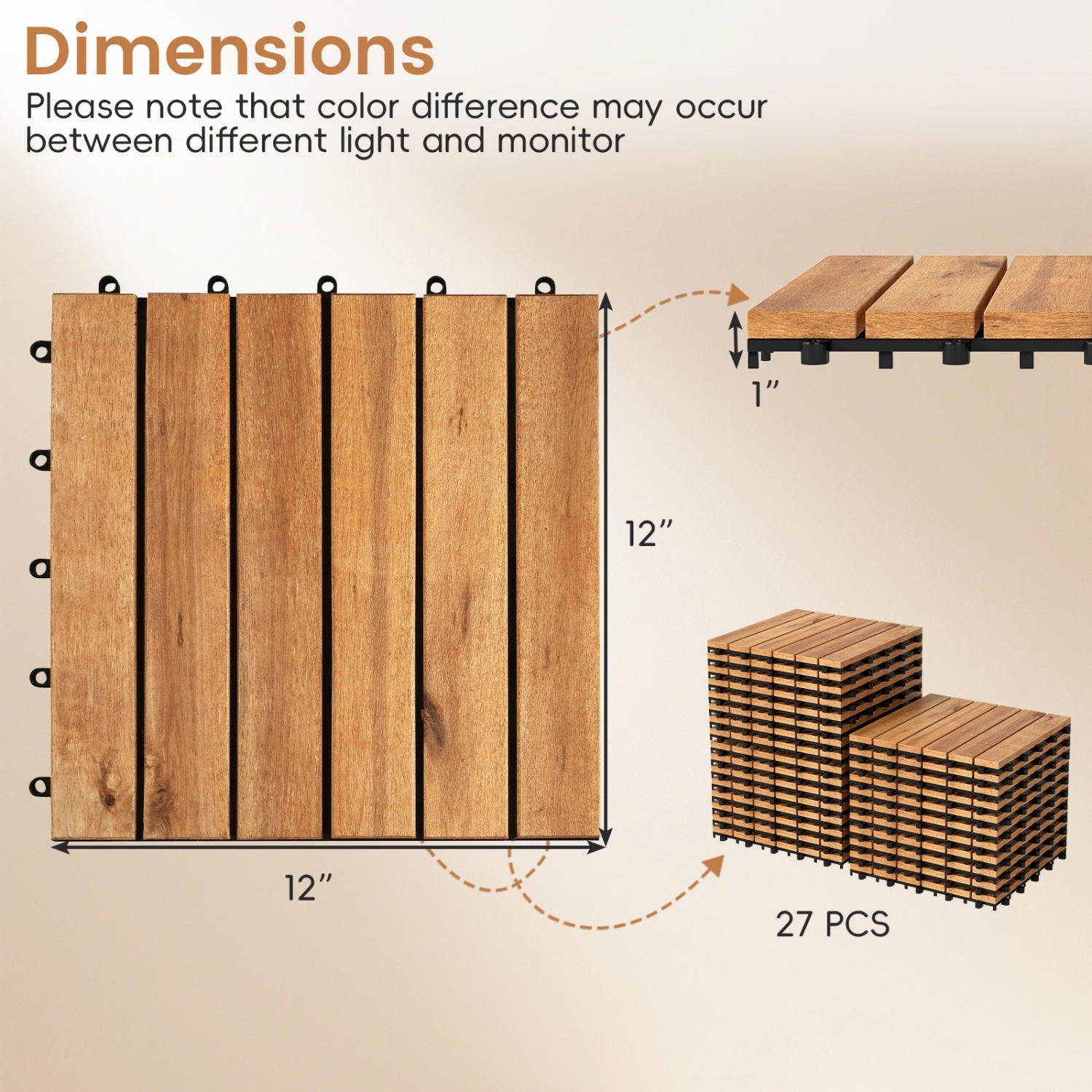 Acacia Wood Interlocking Deck Tiles 12x12 Inch - 27 Pack