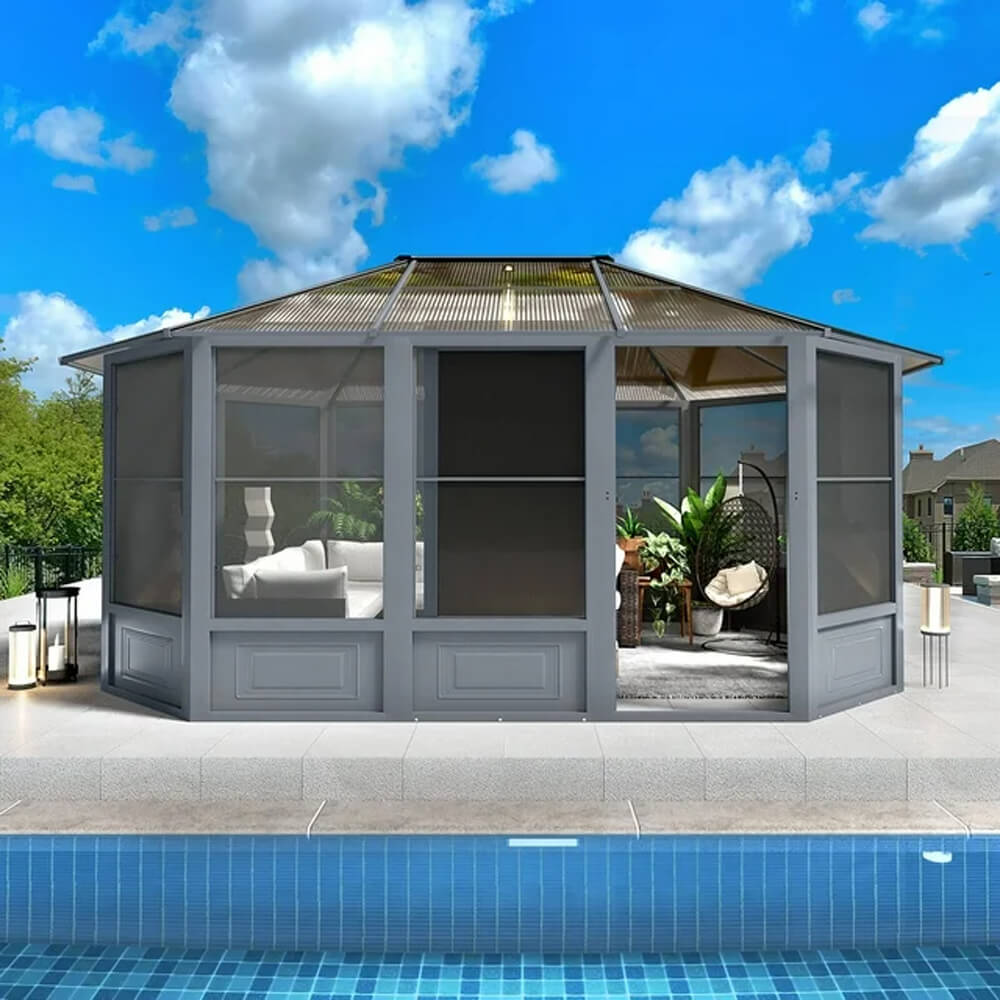 [12x15FT] Alora Extra Large Premium Outdoor All-Season Polycarbonate Hardtop Solarium Sunroom With Sliding Doors (SAK69584)