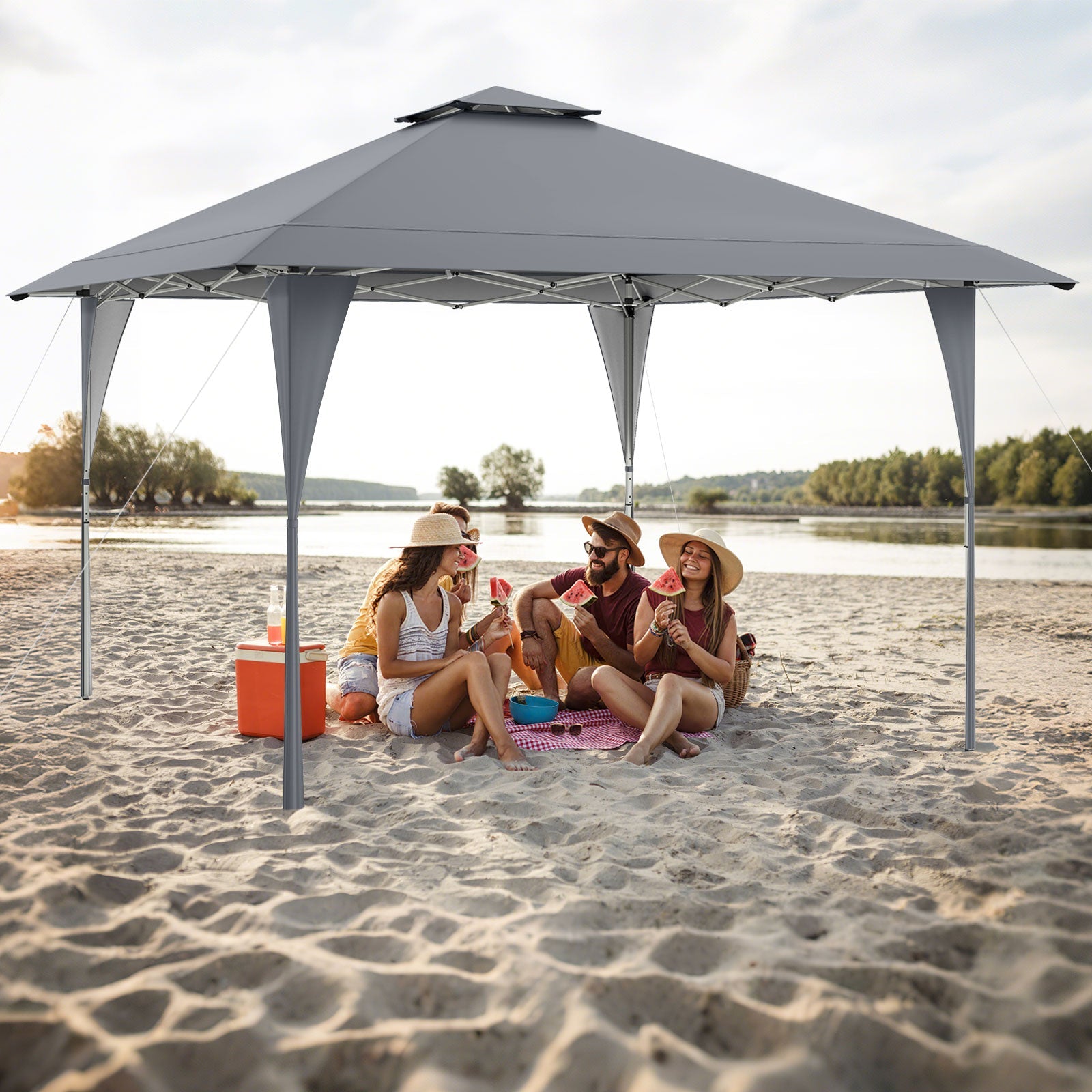 13 X 13 FT Pop up Gazebo with Portable Carrying Bag 8 Stakes and 4 Wind Ropes-Gray