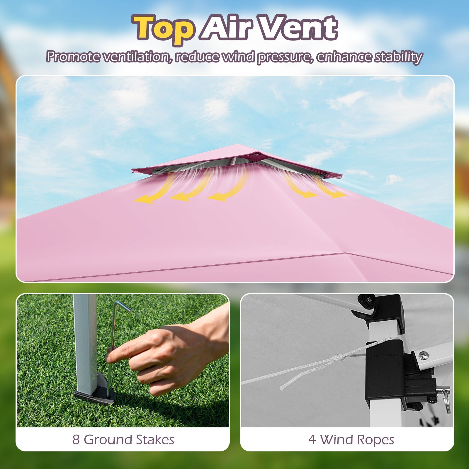13 X 13 FT Pop up Gazebo with Portable Carrying Bag 8 Stakes and 4 Wind Ropes-Pink