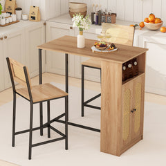 3-Piece Bar Table and Chairs Set with Storage Shelves and Footrests-Natural