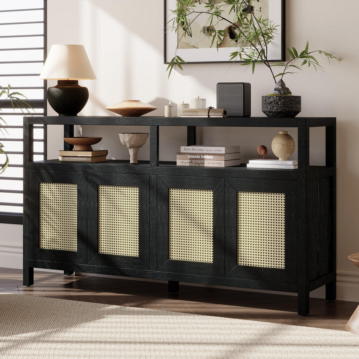 TREXM Bohemian Style Rattan Buffet Storage Cabinet with Solid Wood Frame