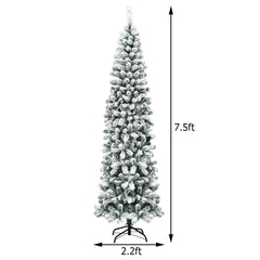 7.5 Feet Pre-lit Snow Flocked Artificial Pencil Christmas Tree with LED Lights