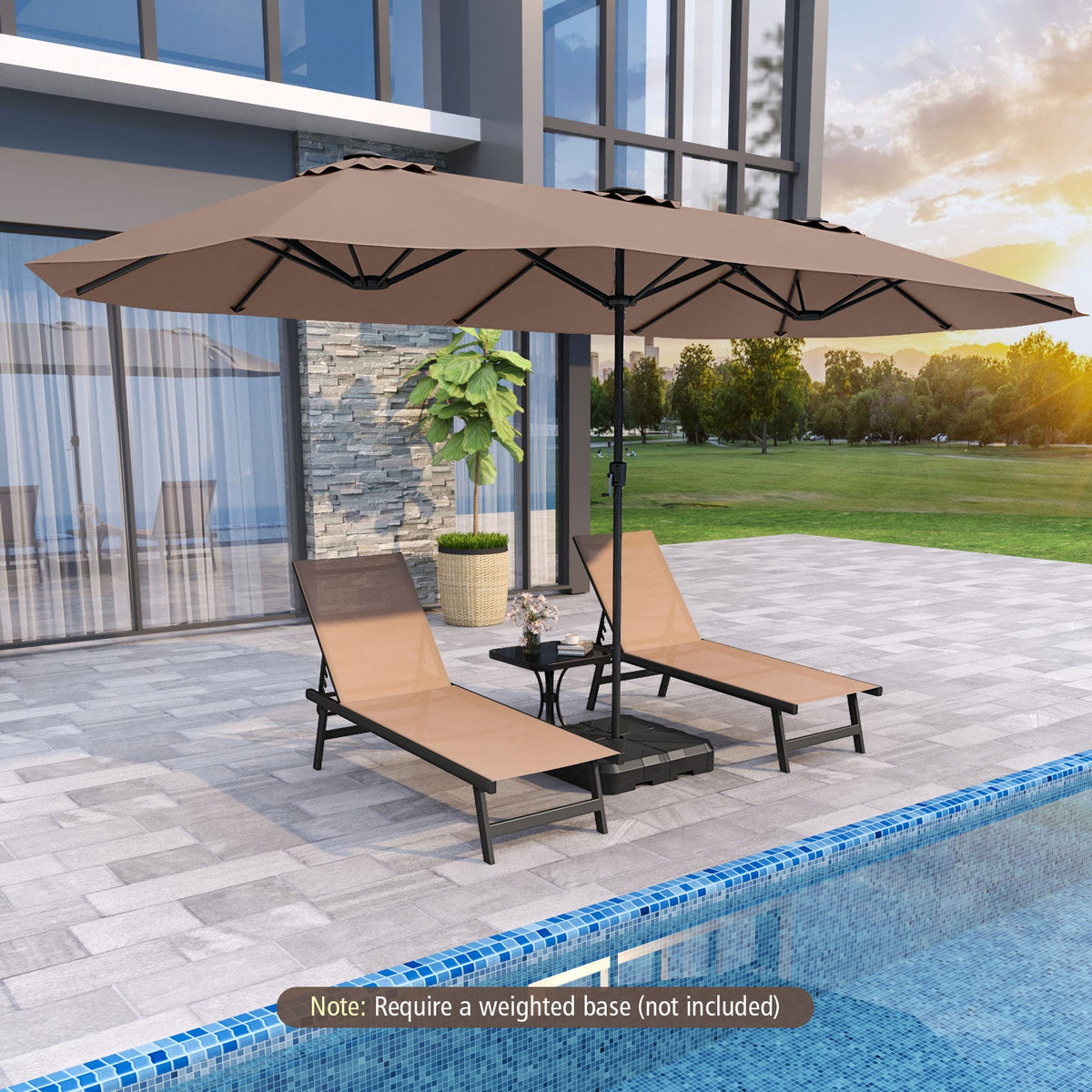 15.5 FT Extra-Large Patio Umbrella with LED Solar Lights and Crank Handle-Brown