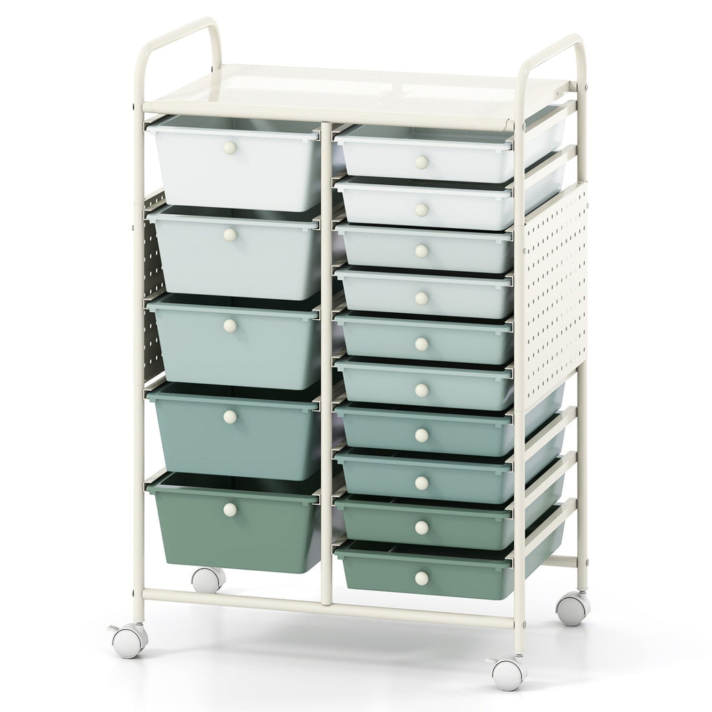 15-Drawer Rolling Storage Cart with Metal Tabletop and Pegboard