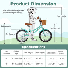 16 Inch Kids Bike Bicycle with Training Wheels and 2 Brake System Ages 4-7 Years Old-16 inches