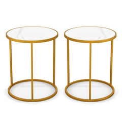 16 Inch Marble Top Round Side Table with Golden Metal Frame for Living Room Bedroom-Set of 2