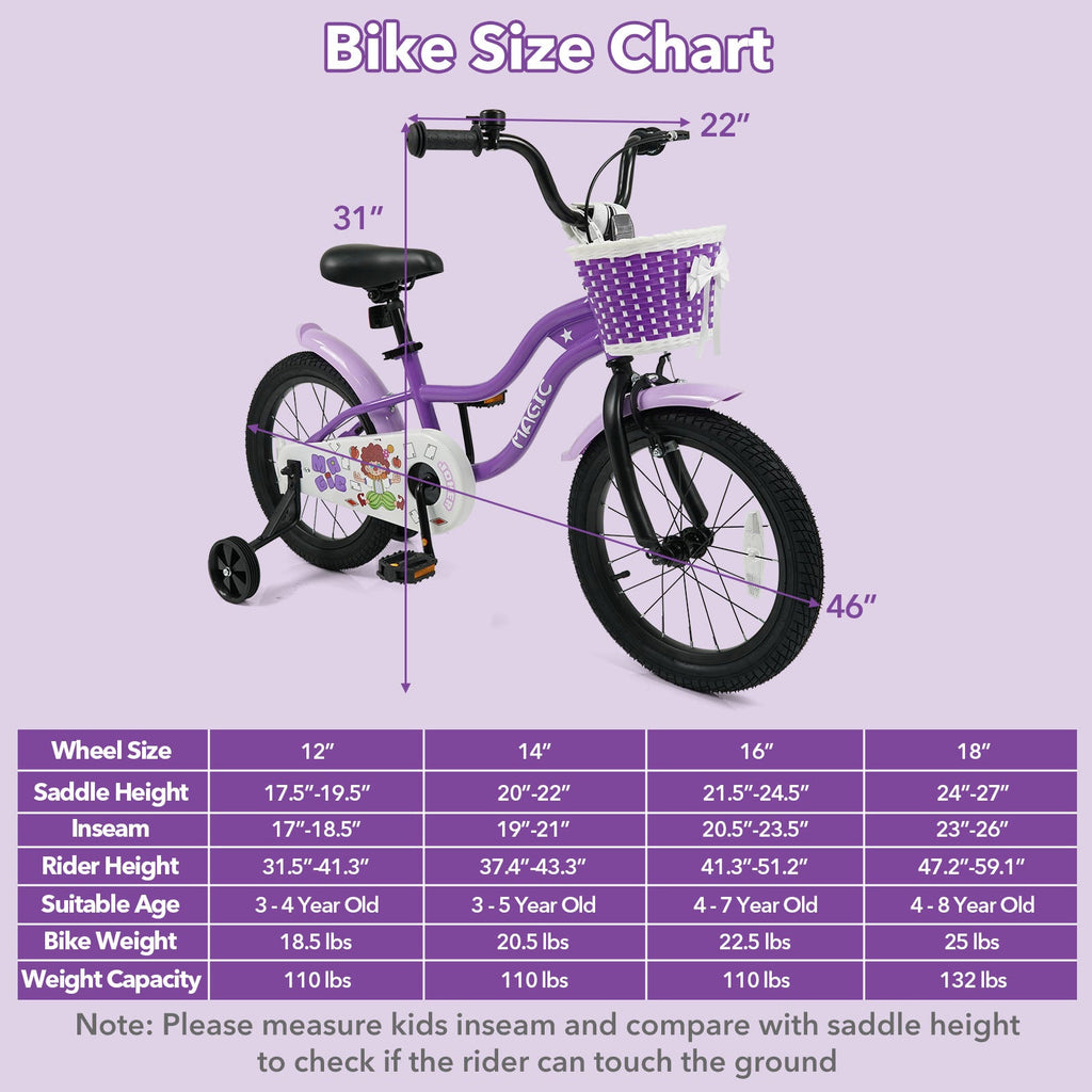 Kids Bike with Training Wheels 12-18 Inch - Purple