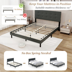 Queen Size Upholstered Bed Frame Linen Platform Bed-Dark Gray