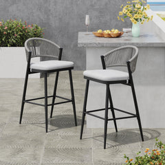 Outdoor Bar Height Metal Frame Counter Stools with Scallop-shaped Backrest & Water-resistant Cushions - Set of 2