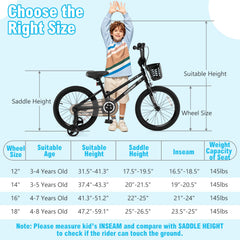 18 Inch Kids Bike with Basket and Training Wheels for Children Aged 4-8 Years Old