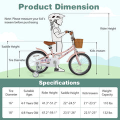 18 Inch Kids Bike Retro Bicycle with Adjustable Height and Basket for Ages 4-8 Years Old-18 inches