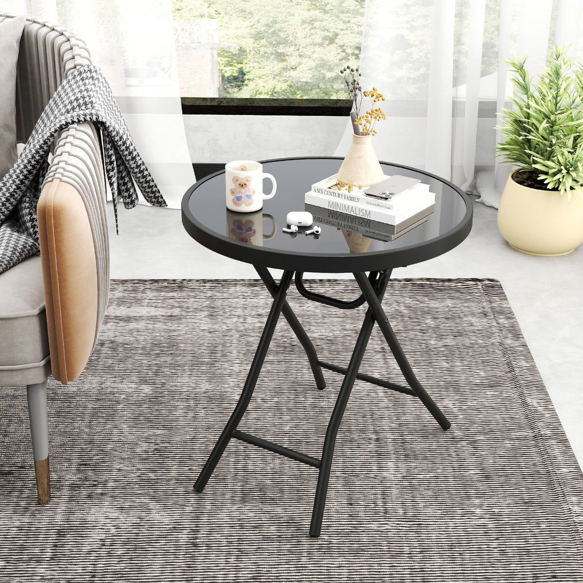 18 Inch Folding Side Table Patio Round Compact Coffee Table-Black