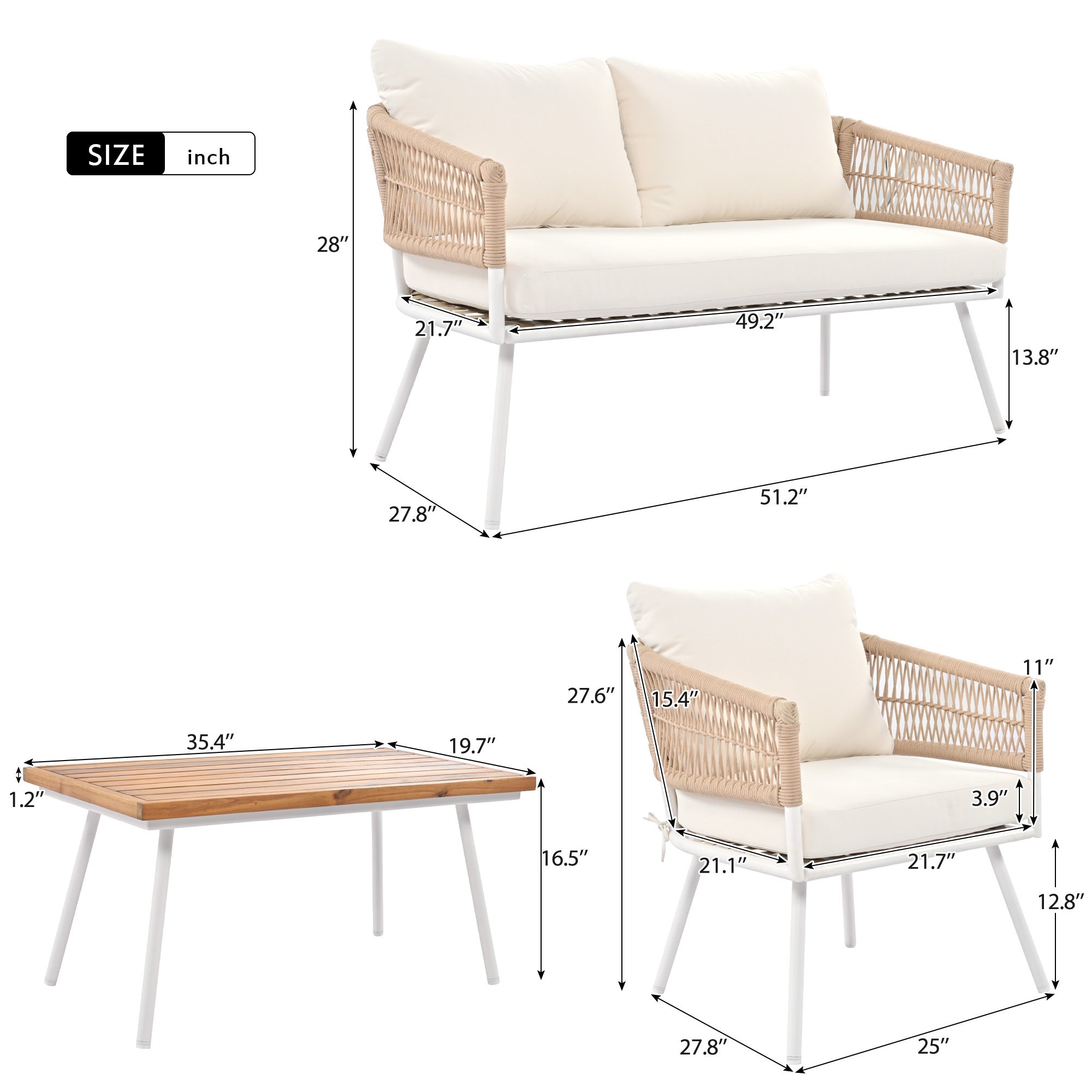 K&K 4-Piece Boho Rope Patio Furniture Set