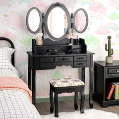 7 Drawer Tri-Folding Mirror Dressing Vanity Makeup Set