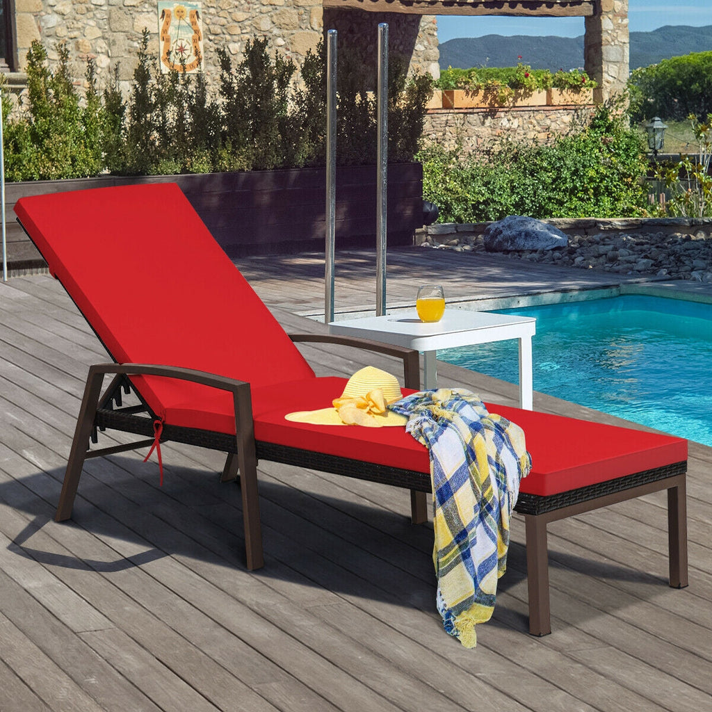 Patio Rattan Lounge Chaise Recliner with Back Adjustable Cushioned-Red