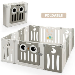 14-Panel Baby Playpen Kids Activity Center Foldable Play Yard with Lock Door-Beige