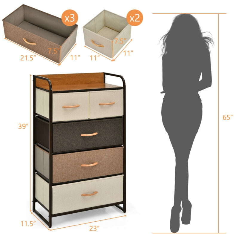 4-Tier Organizer Tower Steel Frame Wooden Top Storage with 5-Drawer Dresser-Muticolor