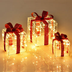 3 Pieces Christmas Lighted Gift Boxes Decorations with 60 LED Lights for Indoor and Outdoor