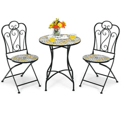 3 Pieces Patio Bistro Mosaic Design Set with Folding Chairs and Round Table