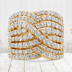 10K Yellow Gold 3.0 Cttw Diamond Eight-Row Bypass Crossover Statement Band Ring (H-I Color, I2-I3 Clarity) - Size 7