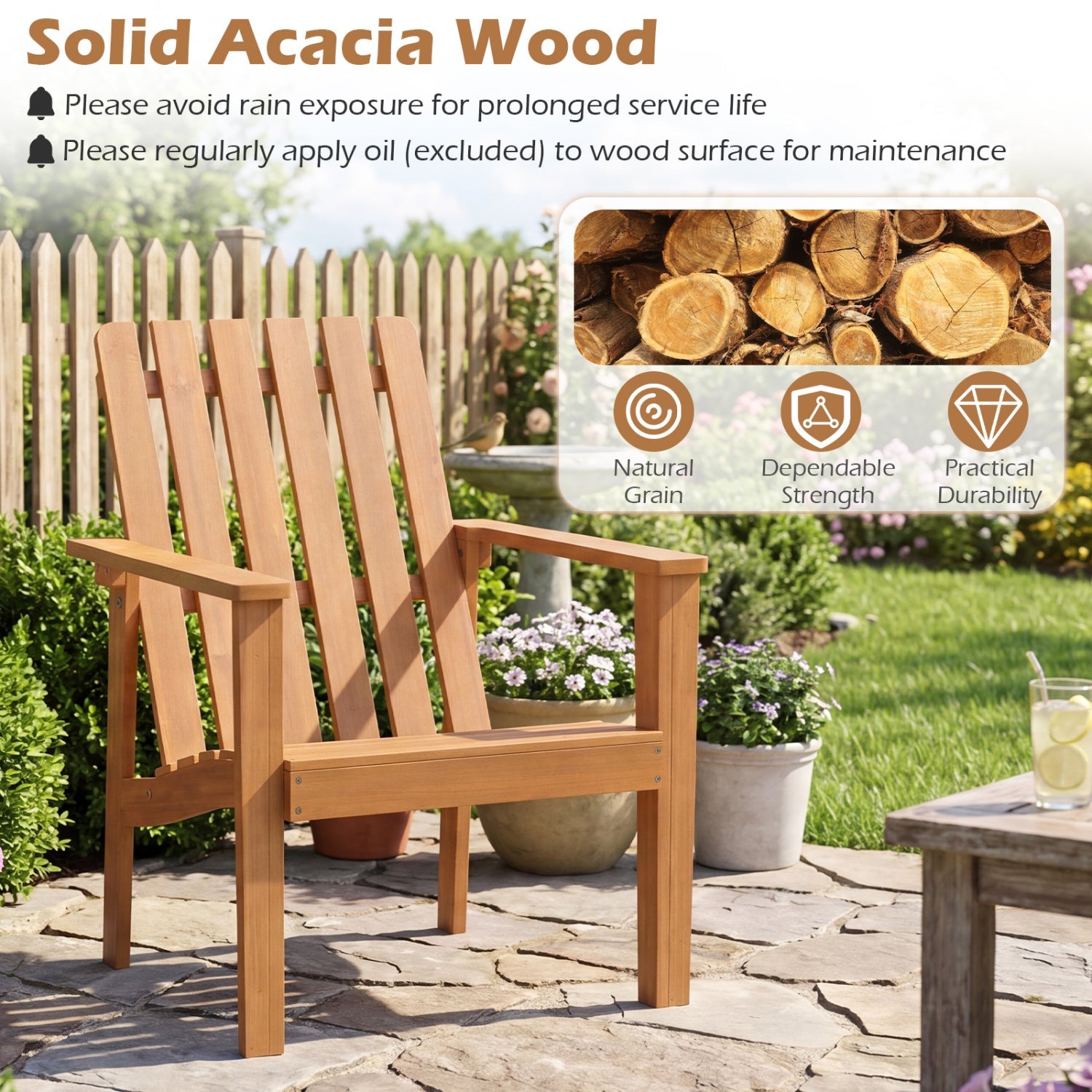 Acacia Wood Patio Dining Chair with Curved Seat & Armrests