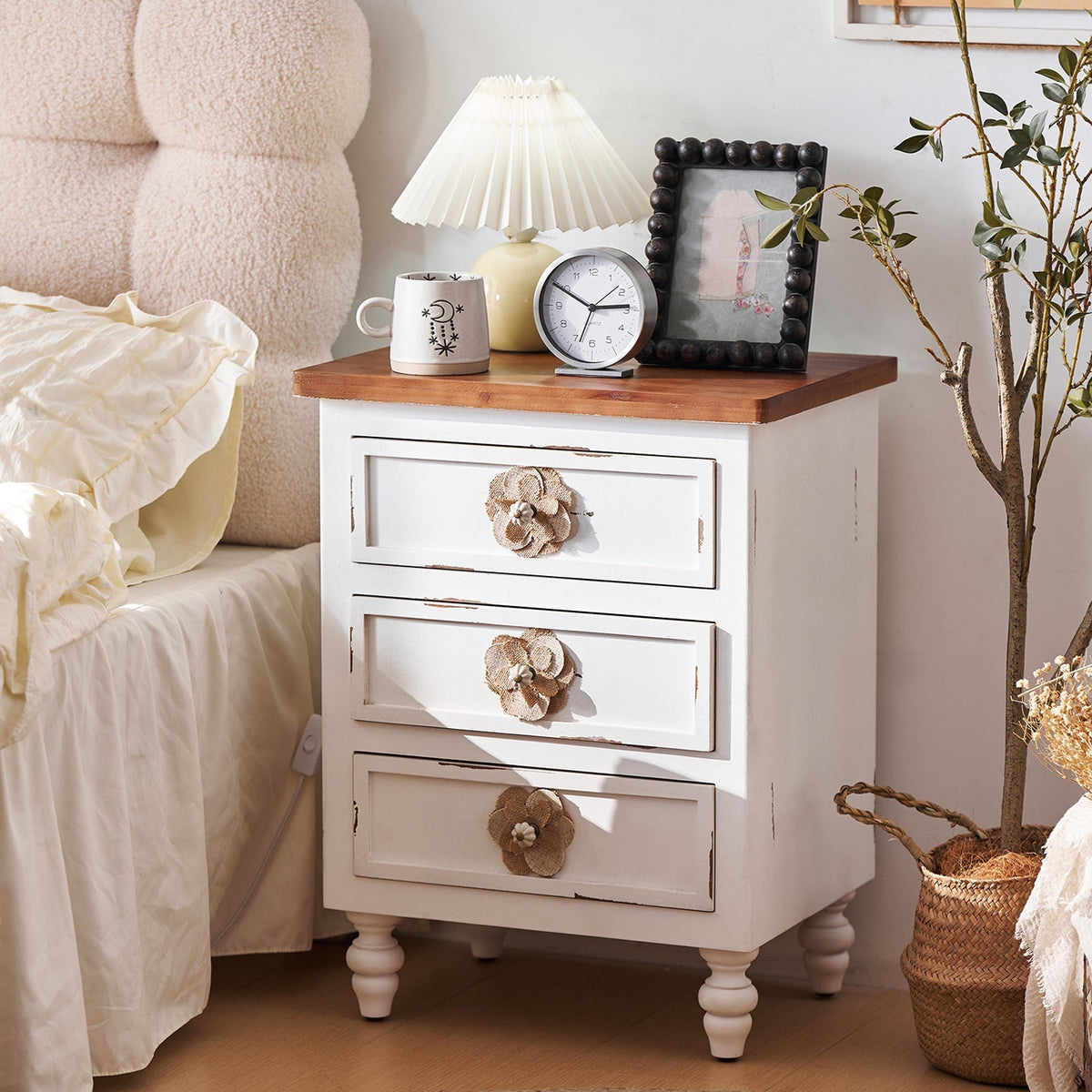Rustic Dark Blue 3-Drawer Wooden Cabinet with Aged Finish & Floral Handles