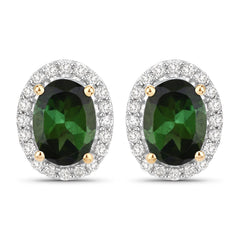 1.92 Carat Genuine Green Tourmaline and White Diamond 14K Yellow Gold Earrings