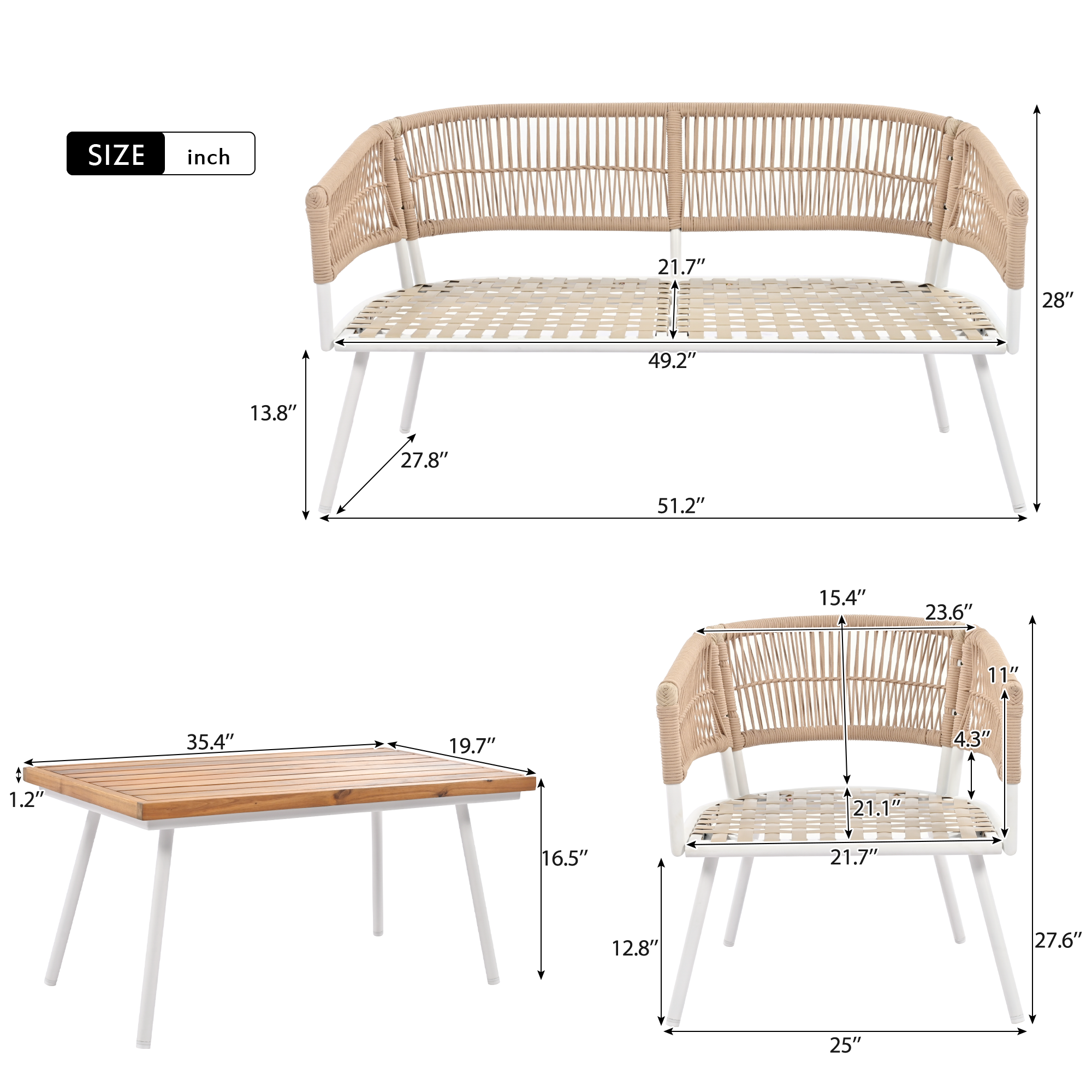 K&K 4-Piece Boho Rope Patio Furniture Set