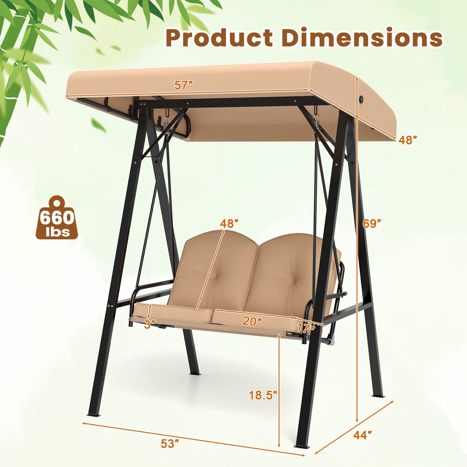 2-Person Outdoor Porch Swing with A-Shaped Metal Stand and Adjustable Canopy-Beige