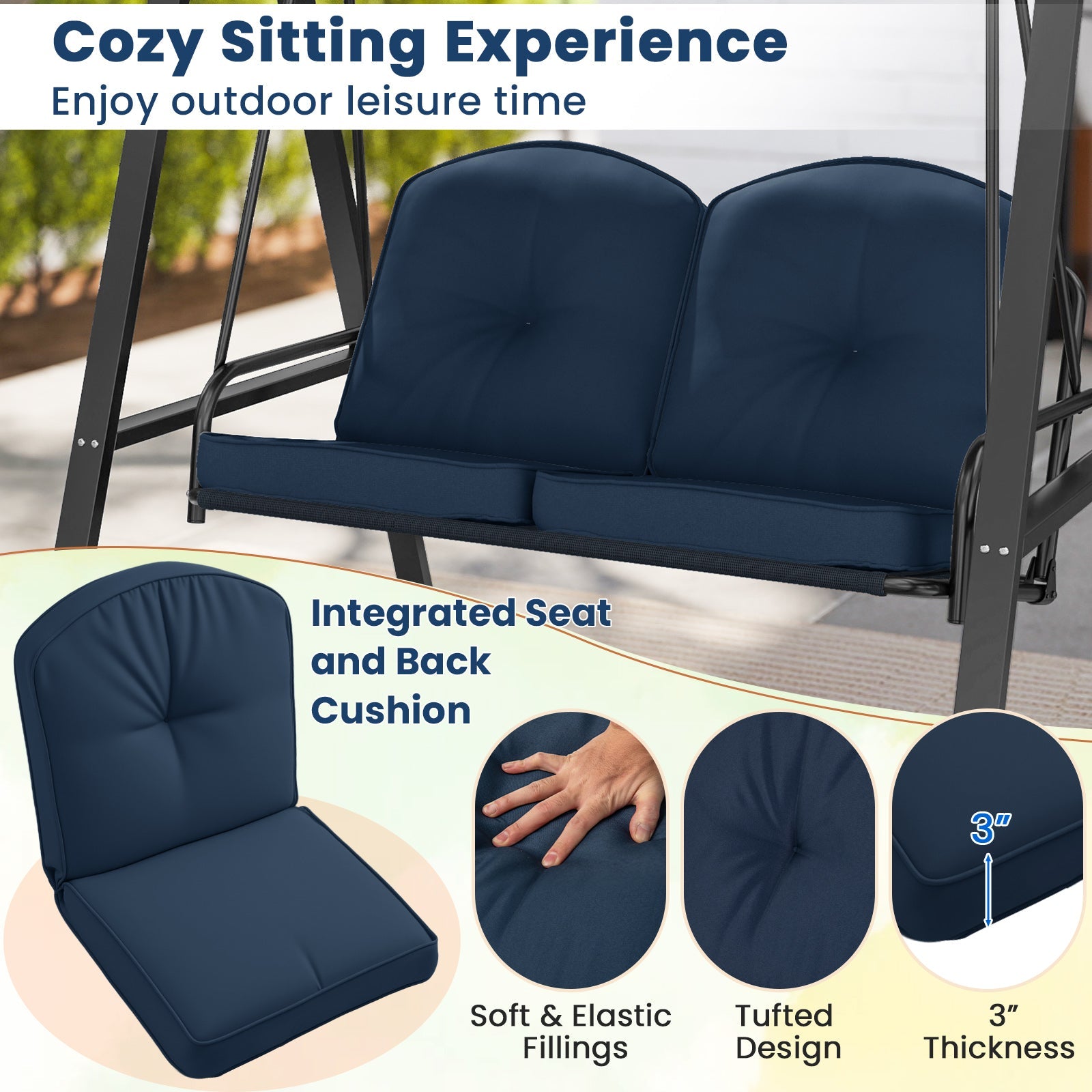 2-Person Outdoor Porch Swing with A-Shaped Metal Stand and Adjustable Canopy-Navy