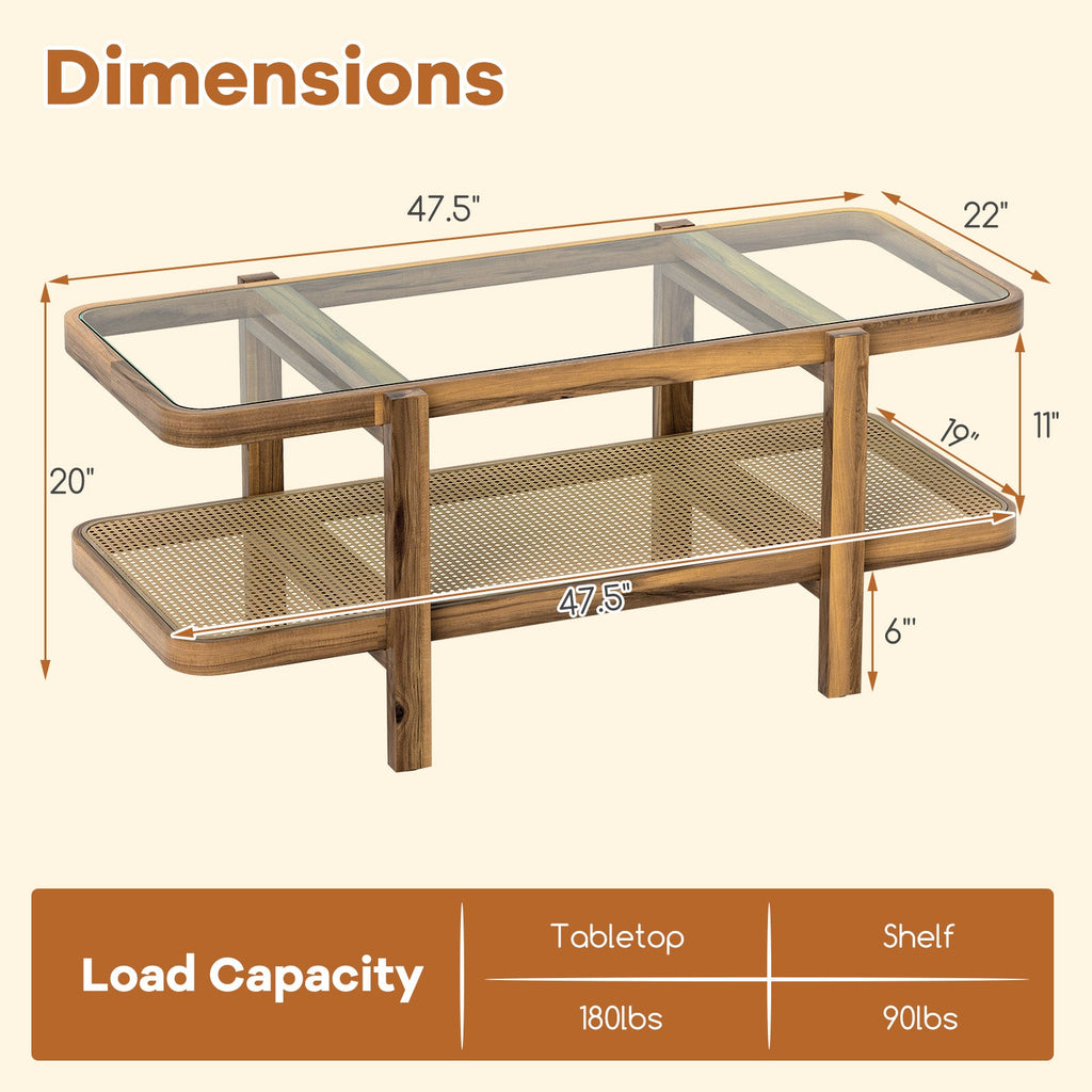 2-Tier Coffee Table with Storage and Tempered Glass Tabletop-Brown
