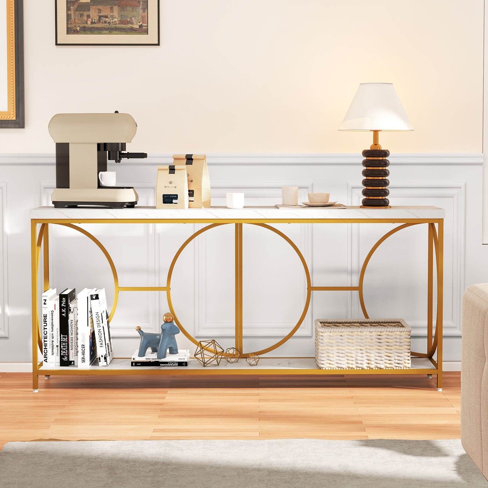 2-Tier Faux Marble Top Console Table with Storage Shelf-White