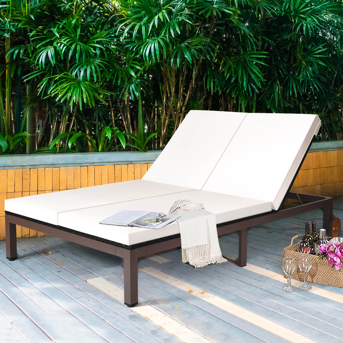 2-Person Patio Rattan Lounge Chair with Adjustable Backrest-White