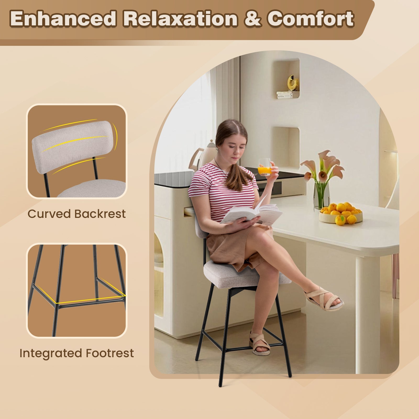 25 Inch 2-Piece Modern Upholstered Bar Stools with Back and Footrests-Beige