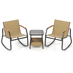 3 Piece Rocking Bistro Chairs and Side Table Set with Storage Bag-Brown