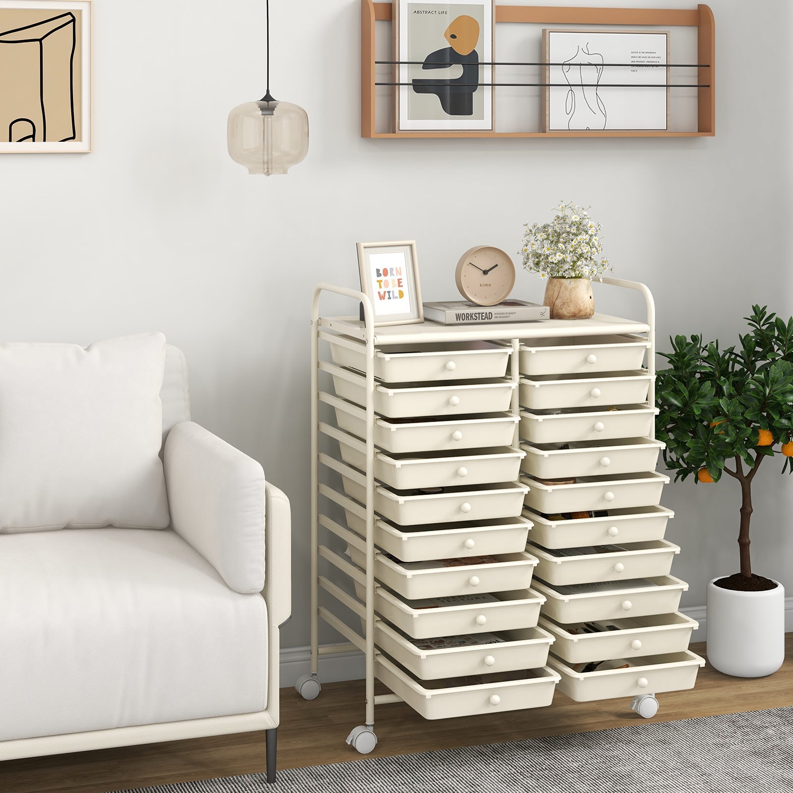 20 Drawers Rolling Storage Cart Studio Organizer-Beige