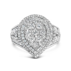 Sterling Silver 1 Cttw Diamond Pear-Shaped Triple Halo Cluster Ring