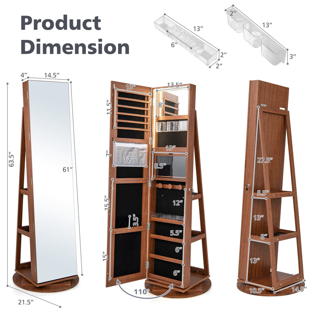360° Rotating Mirrored Jewelry Cabinet Armoire 3 Color LED Modes Lockable-Dark Brown