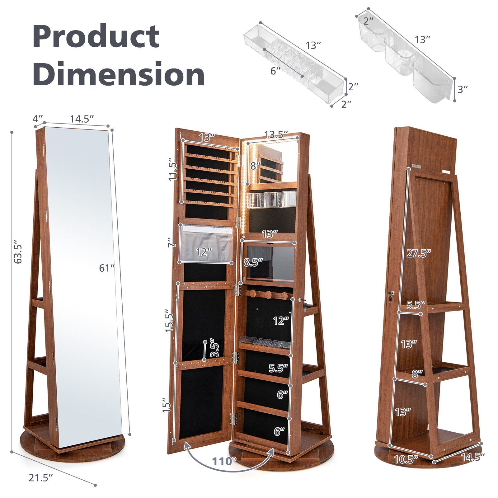 360° Rotating Mirrored Jewelry Cabinet Armoire 3 Color LED Modes Lockable-Dark Brown