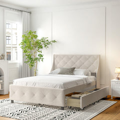 Queen Size Rubber Wood Bed Frame with Storage Headboard & Drawers